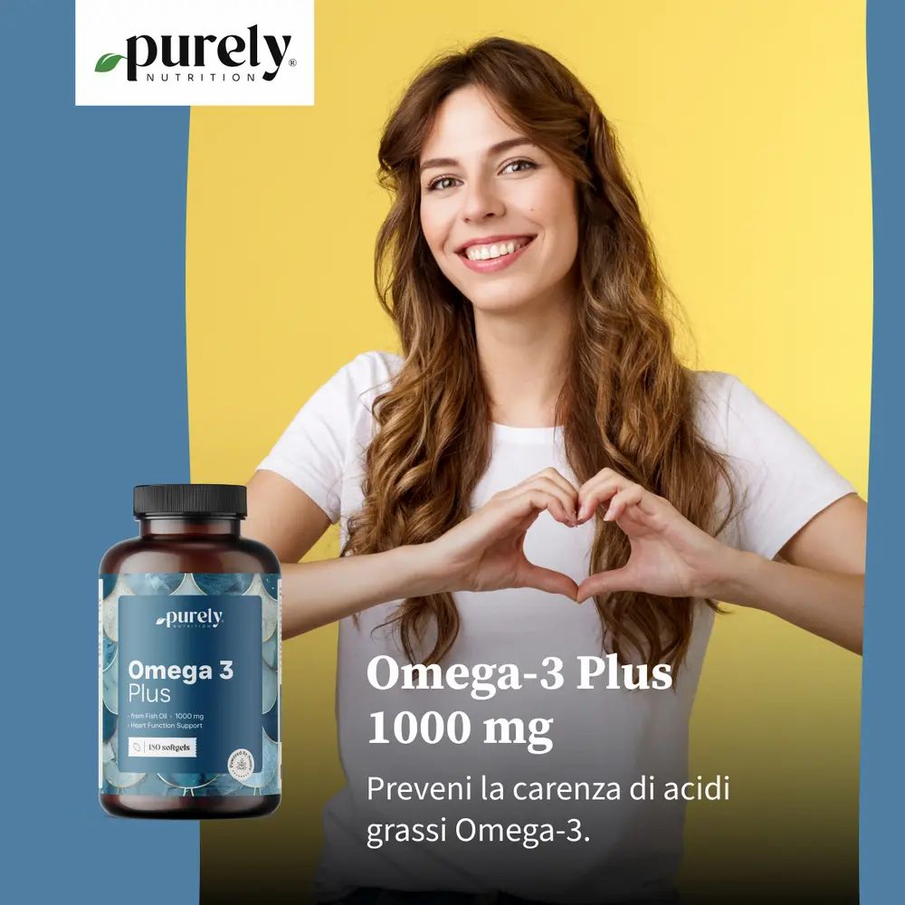 Donna con gesto del cuore accanto a flacone Omega-3 Plus. Testo: Omega-3 Plus 1000 mg. Prevenire una carenza.