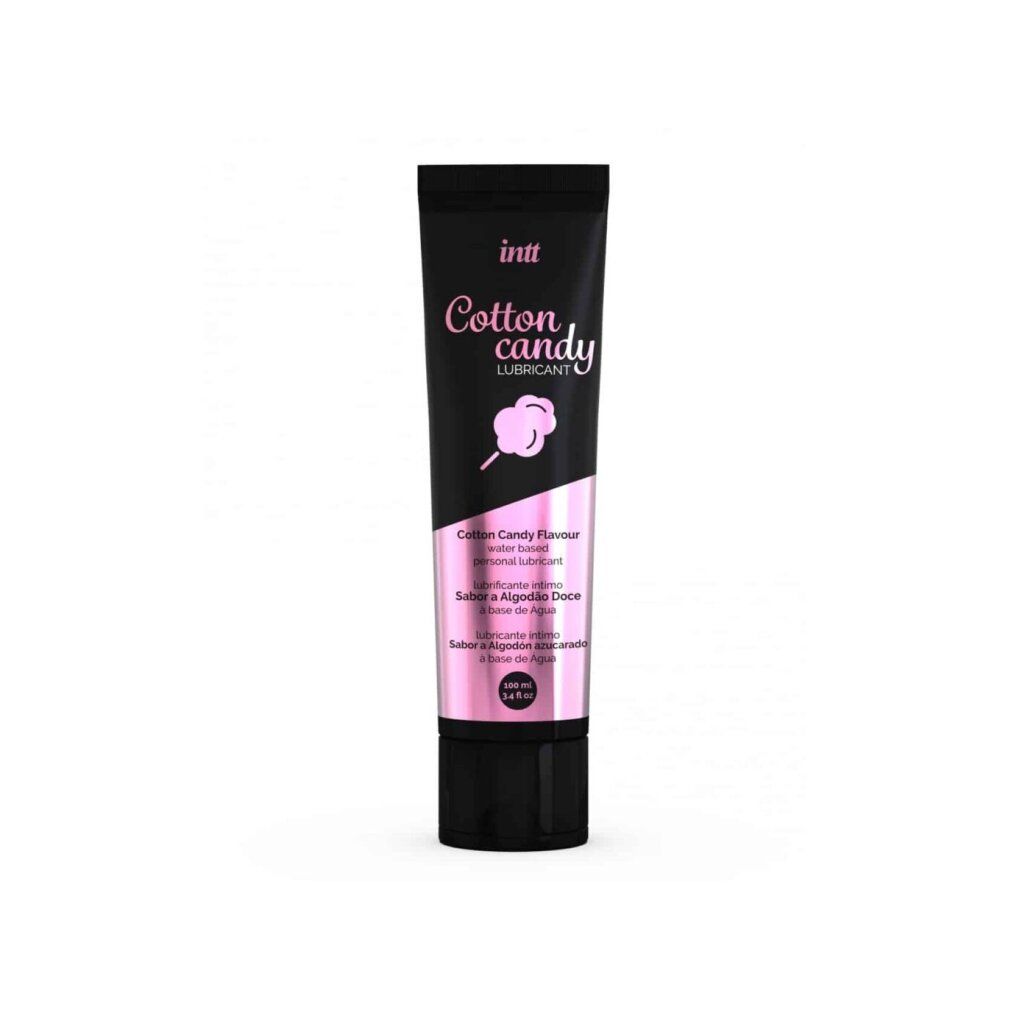 Tubo nero con dettagli rosa. Scritta: INTT, Cotton Candy Lubricant. Contiene 100 ml.