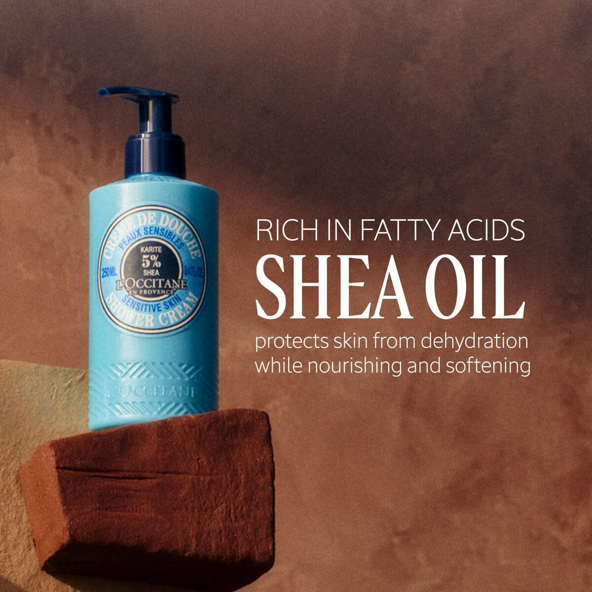 Flacone azzurro con dosatore accanto a un blocco di legno. Testo: Shea Oil, protegge dalla disidratazione.