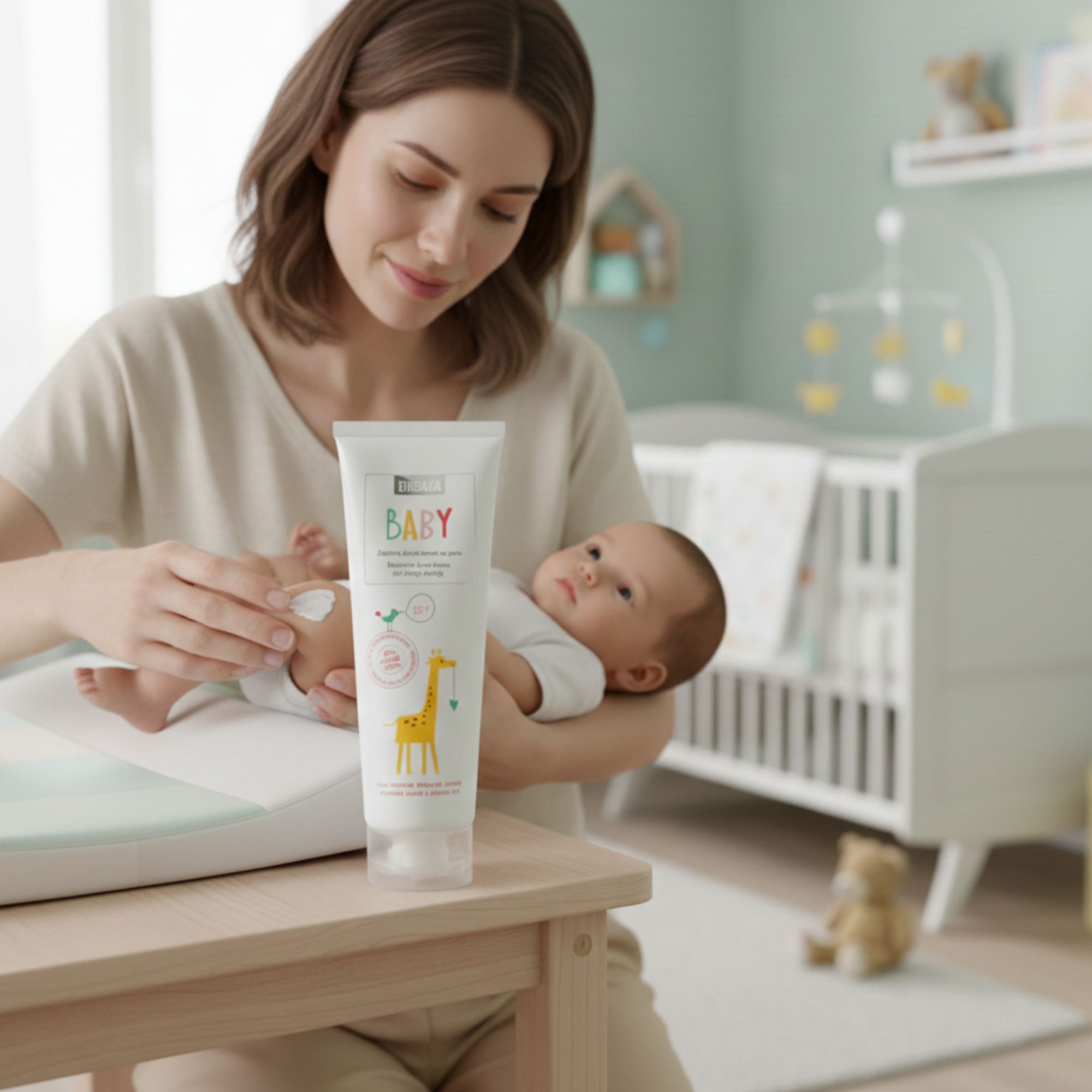 Tubo bianco con scritta BABY e illustrazione di una giraffa. Una donna tiene in braccio un bambino e applica la crema. Sullo sfondo, una culla.