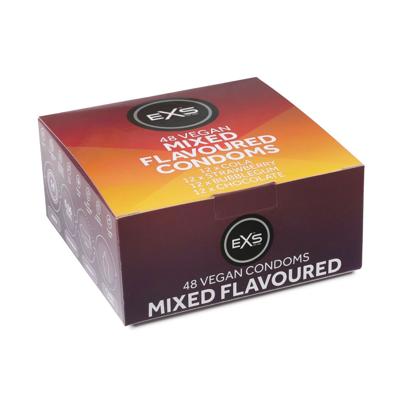 Confezione da 48 preservativi vegani EXS, gusti misti: cola, fragola, bubble gum, cioccolato.