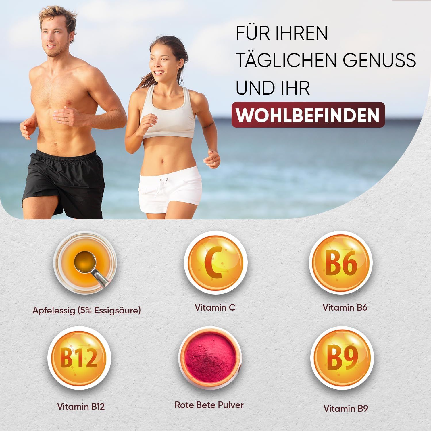 Due persone fanno jogging sulla spiaggia. Sotto, immagini di aceto di mele, vitamina C, B6, B12, polvere di barbabietola e B9. Testo: Per il tuo piacere quotidiano e il tuo benessere.