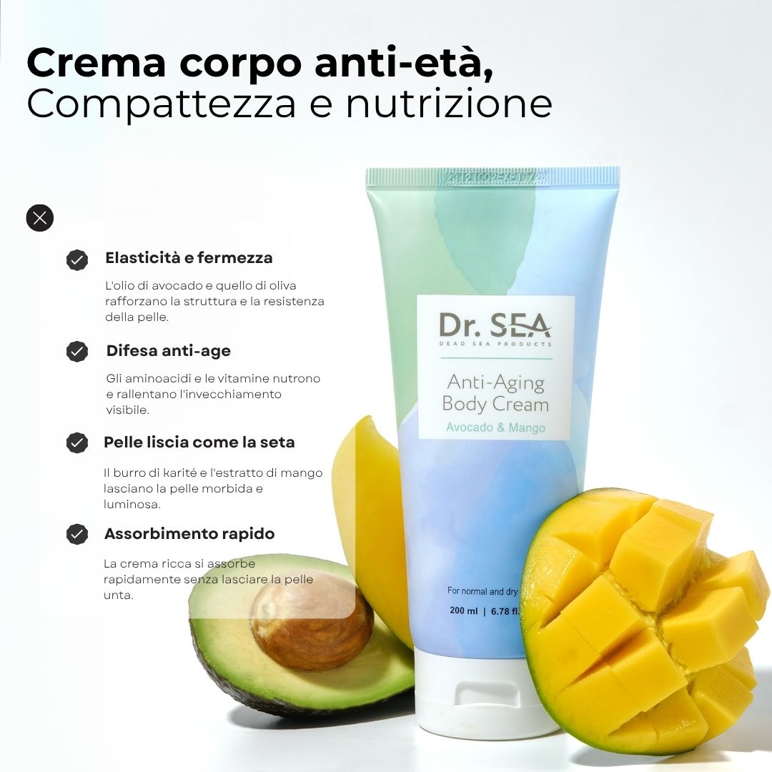 Tubo di crema, avocado, mango e testo. Scritta: Dr. SEA, Anti-Aging Body Cream, Avocado & Mango. Per pelli normali e secche.