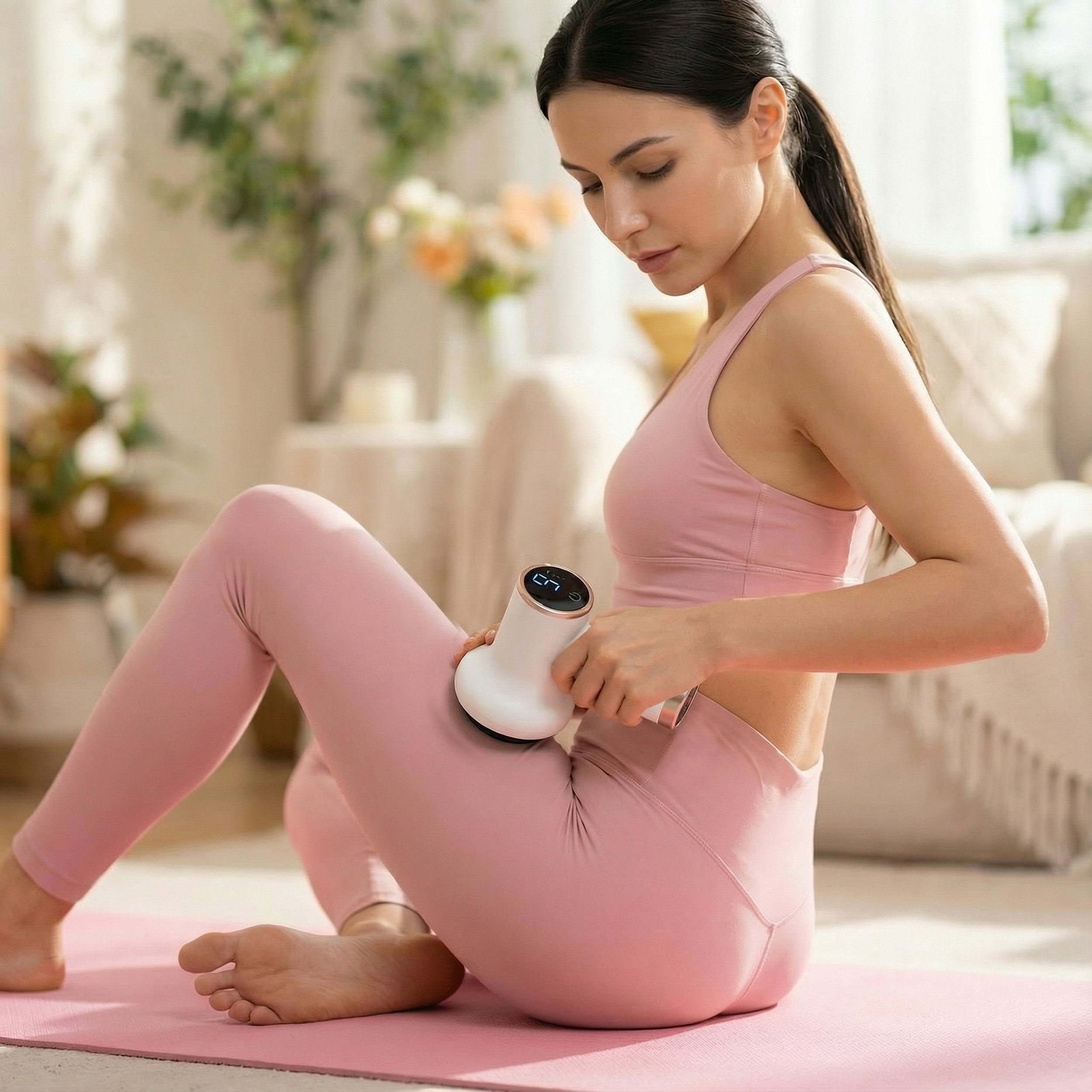 Donna seduta che massaggia la coscia con un massaggiatore bianco. Leggings rosa. In interni.
