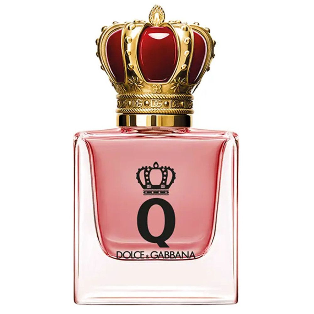 Flacone in vetro rosa con corona dorata. Logo "Q" e corona neri. Scritta "DOLCE & GABBANA".