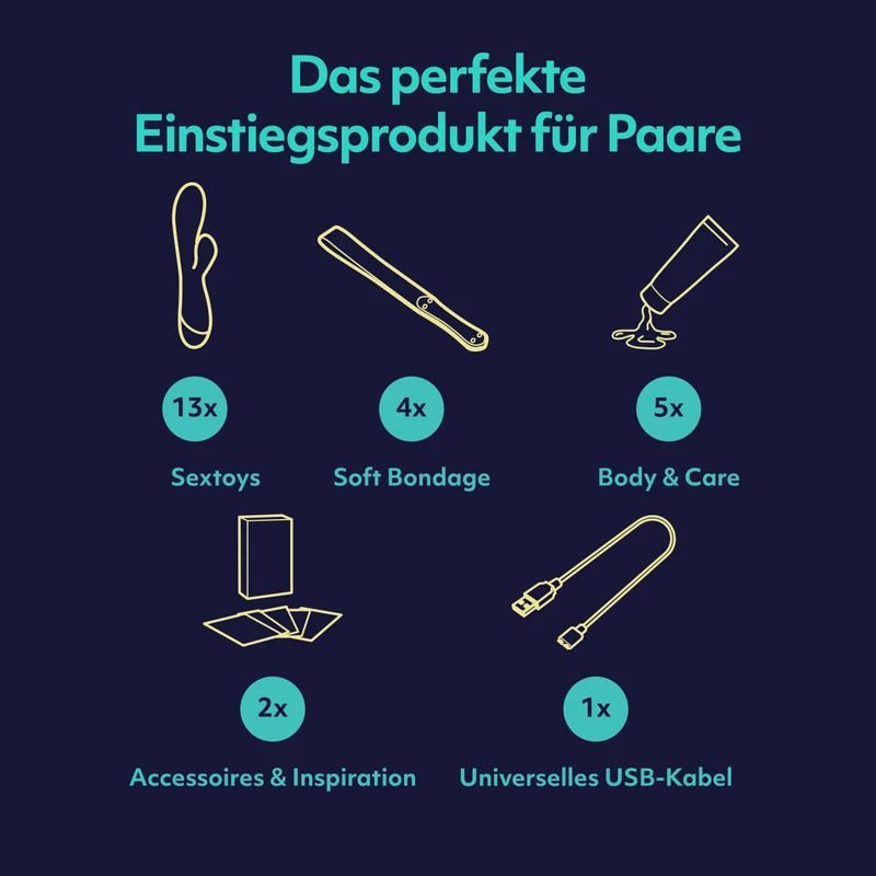 Panoramica del contenuto del calendario dell'Avvento: Sextoys, Bondage, Body & Care, Accessori, Cavo USB.