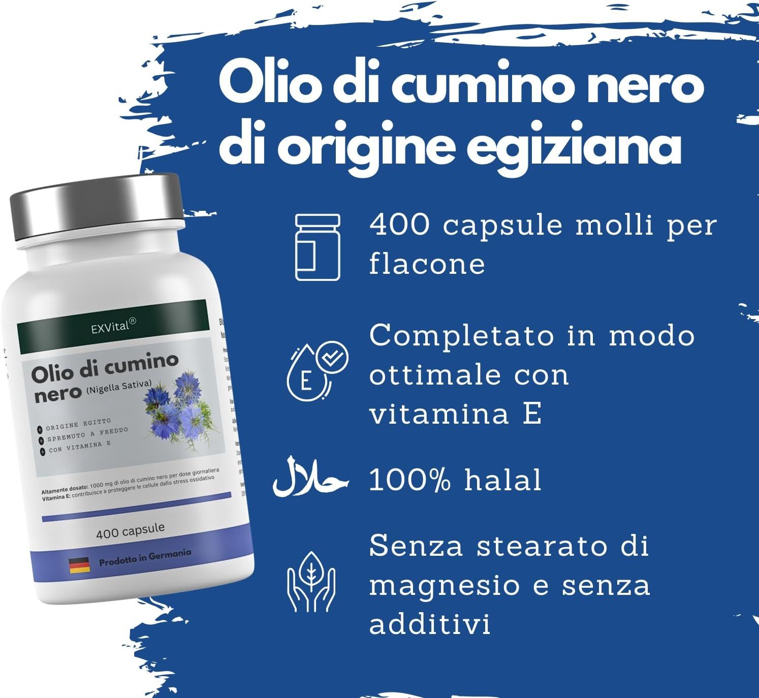 Flacone bianco con capsule di olio di cumino nero. Testo: 400 capsule molli per flacone, completato con vitamina E, 100% halal.