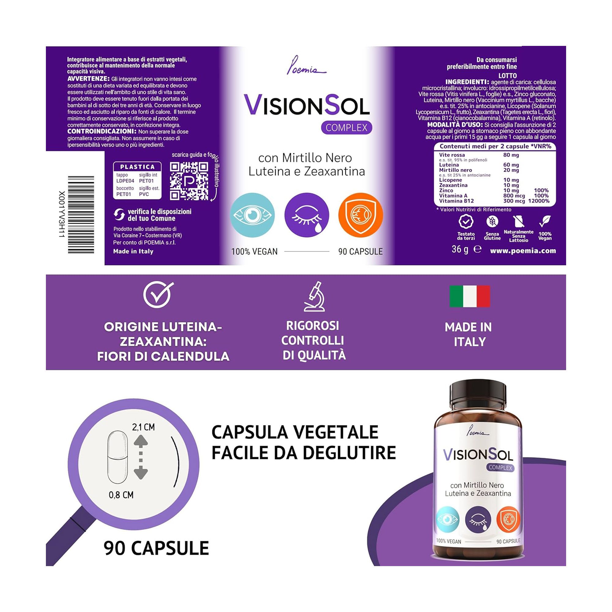 Flacone Poemia Visionsol Complex con etichetta che mostra Luteina, Zeaxantina e Mirtillo Nero.