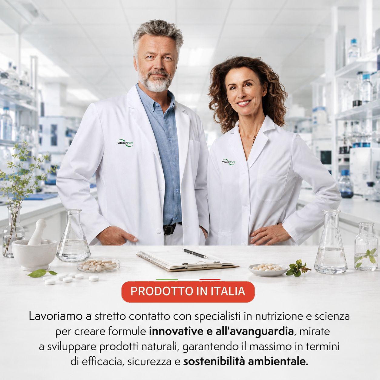 Due scienziati in laboratorio che lavorano sui prodotti VitaminPure®. Prodotto in Italia.