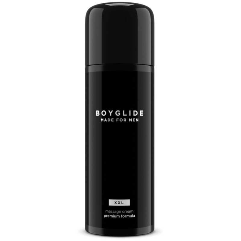 Flacone nero con scritta BOYGLIDE, "XXL" e "massage cream premium formula".