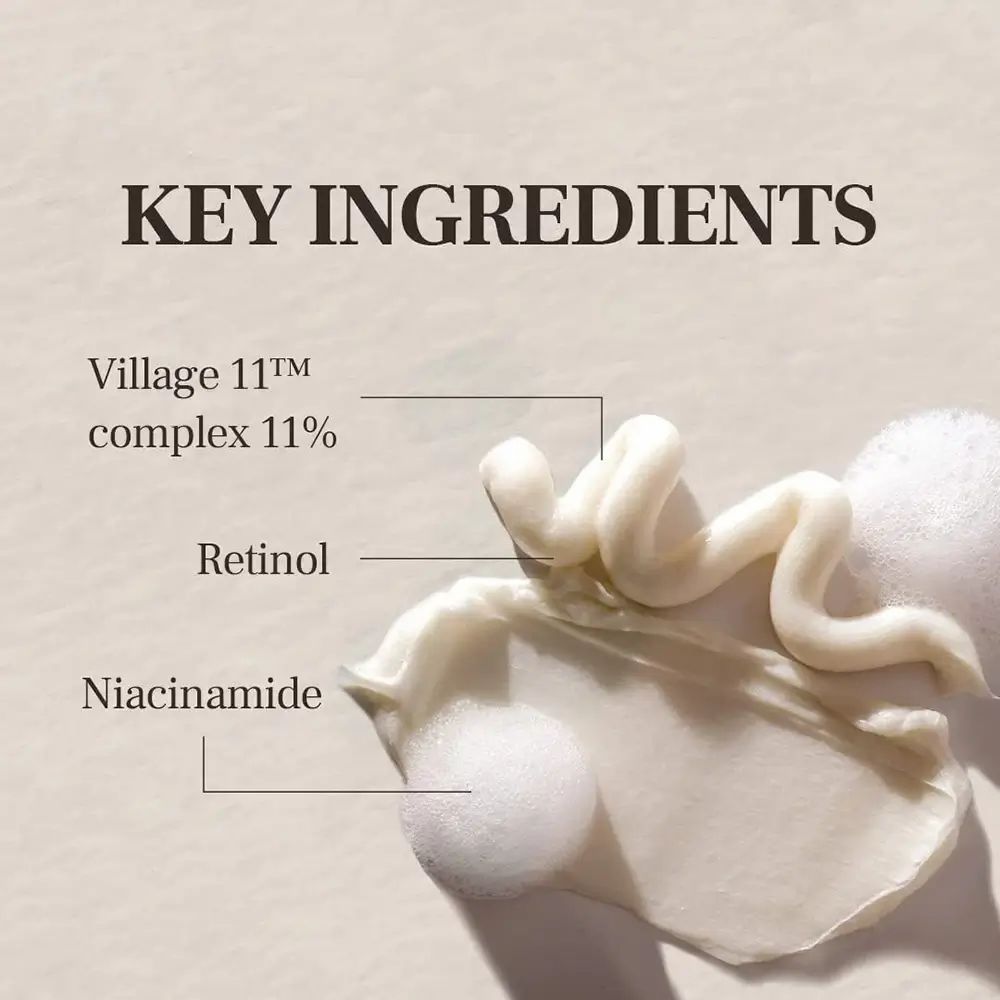 Testo con ingredienti chiave: Village 11™ complex 11%, Retinolo, Niacinamide. Crema.