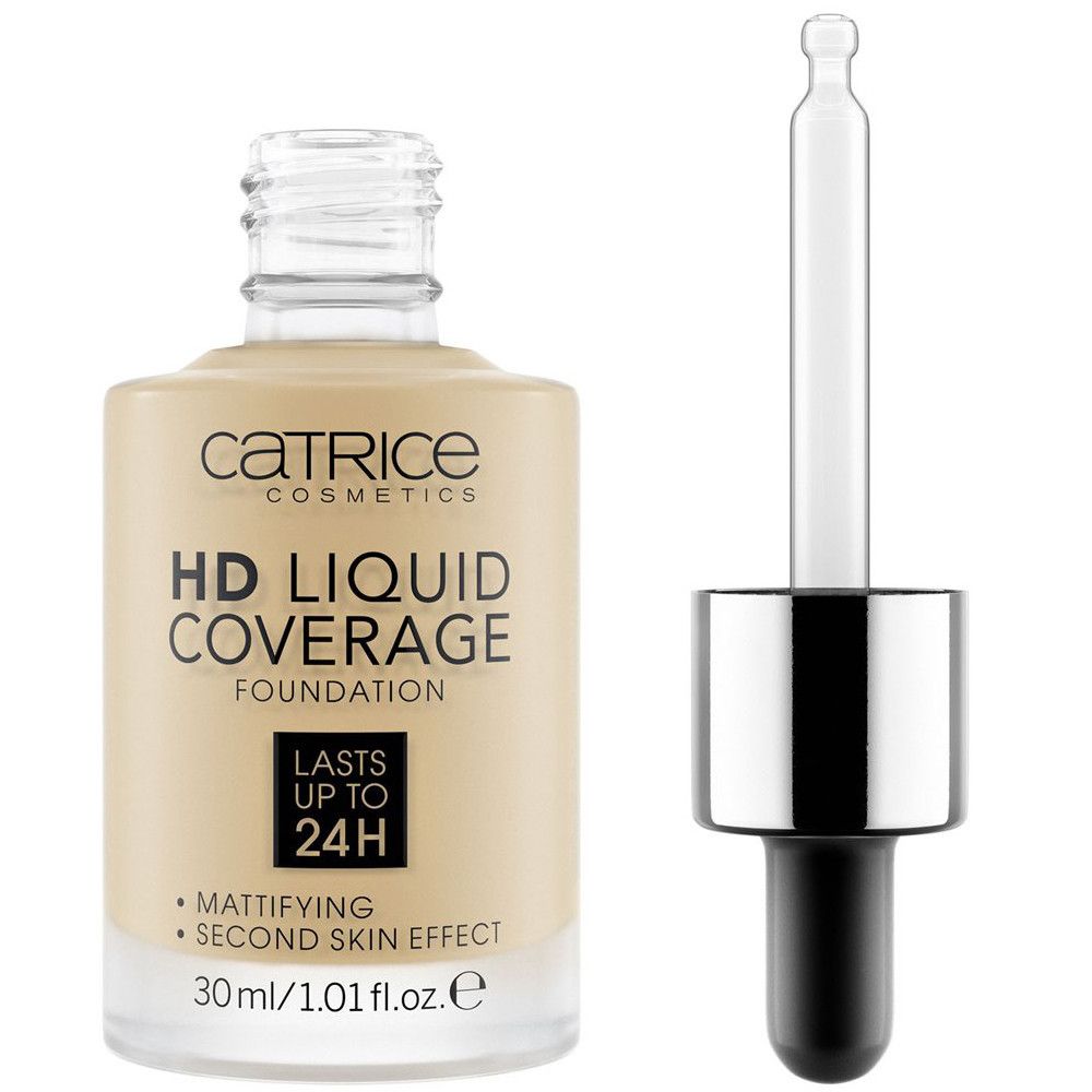 Fondotinta liquido HD. Flacone in vetro con pipetta. Scritta: Catrice, HD Liquid Coverage Foundation, opacizzante, 30ml.