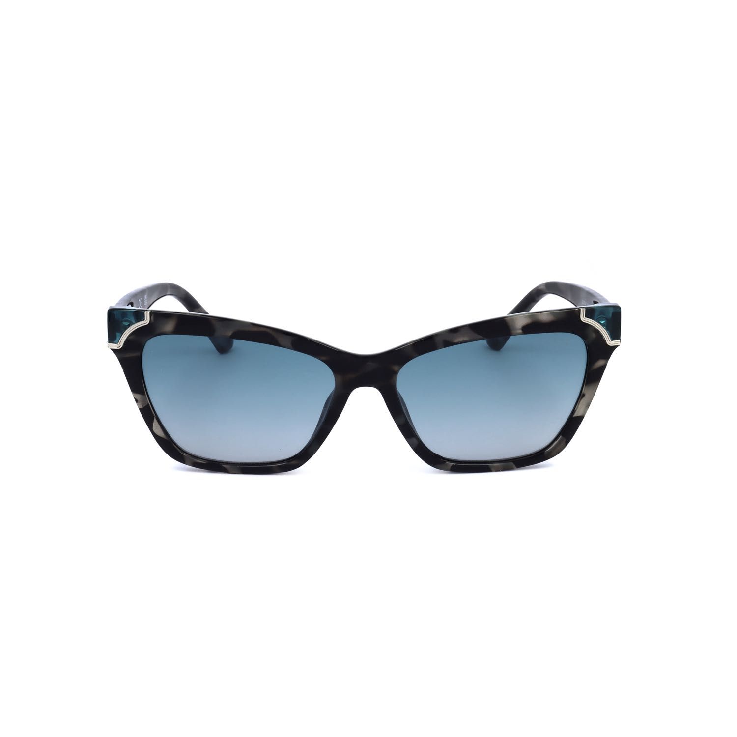 Occhiali da sole cat-eye grigi con lenti sfumate blu e motivo tartarugato.