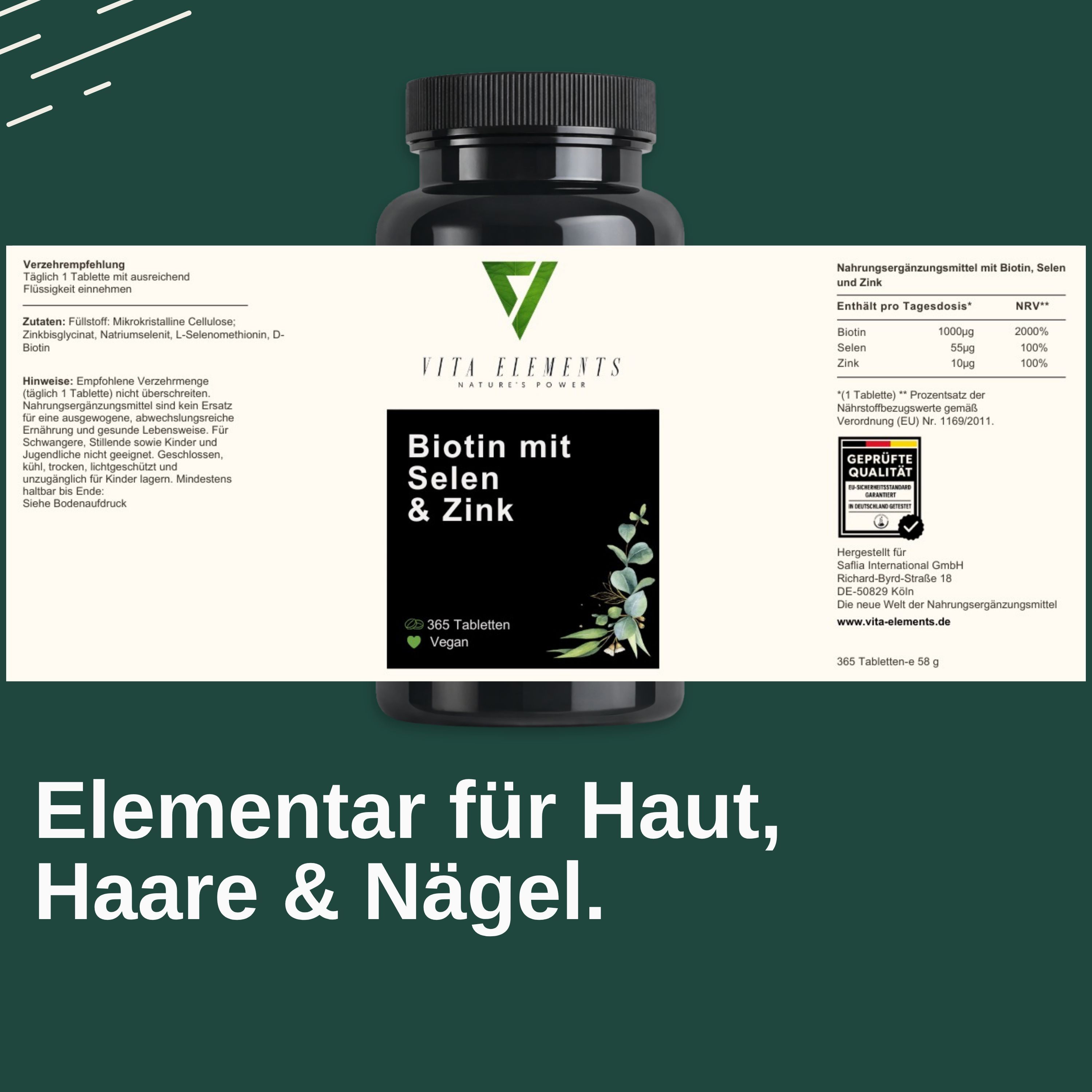 Flacone del prodotto con etichetta. Contiene informazioni sugli ingredienti e sui valori nutrizionali. Qualità testata.