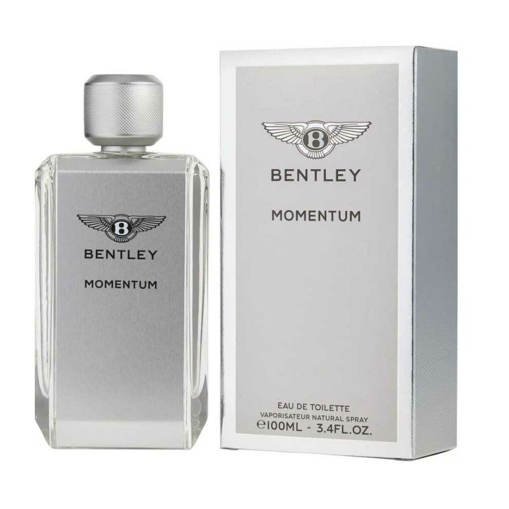 Bentley Momentum EdT Nat. Spray e confezione. Flacone e scatola con logo e scritta su sfondo bianco.
