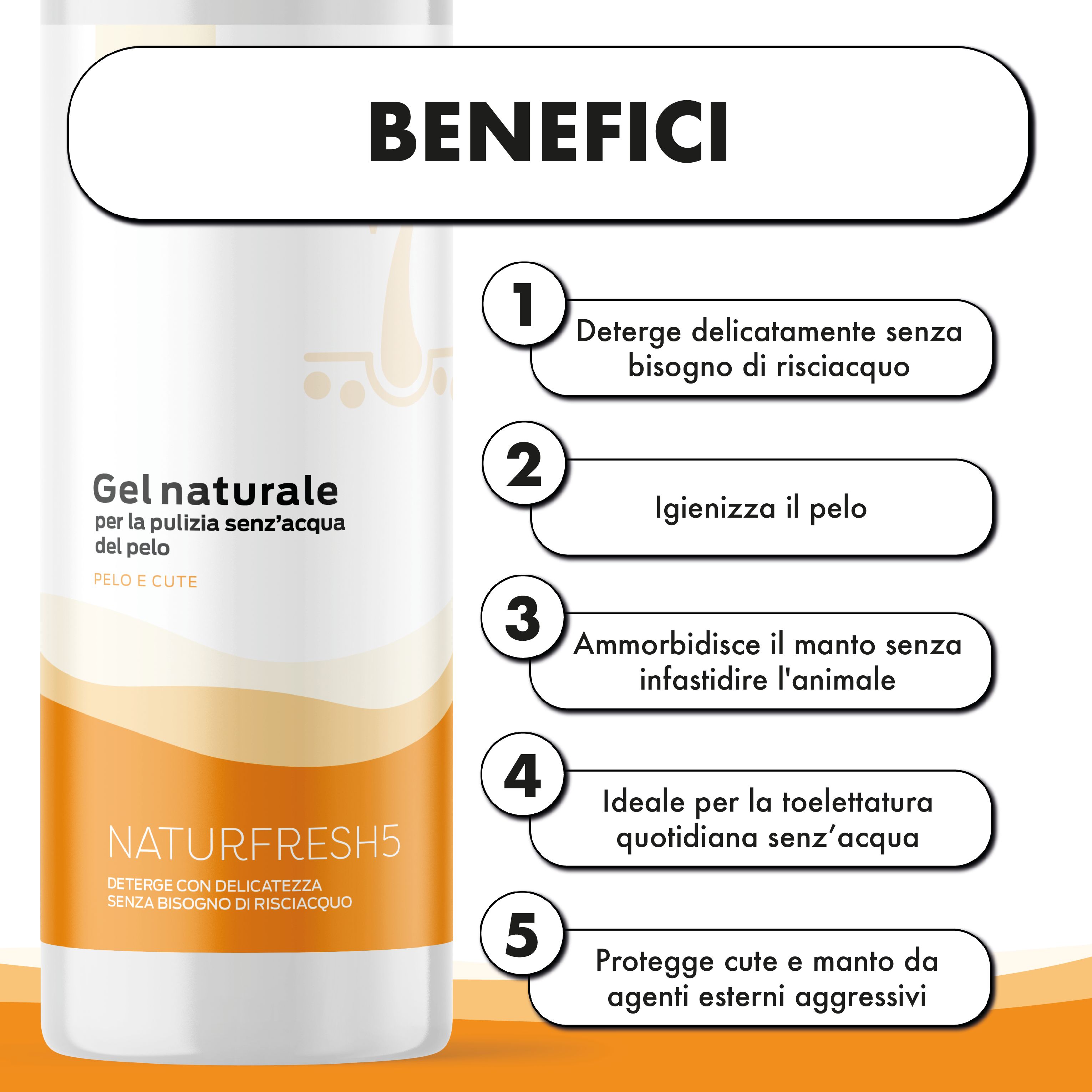 Flacone NaturFresh5 con benefici. Testo: Deterge delicatamente, igienizza il pelo, ammorbidisce.