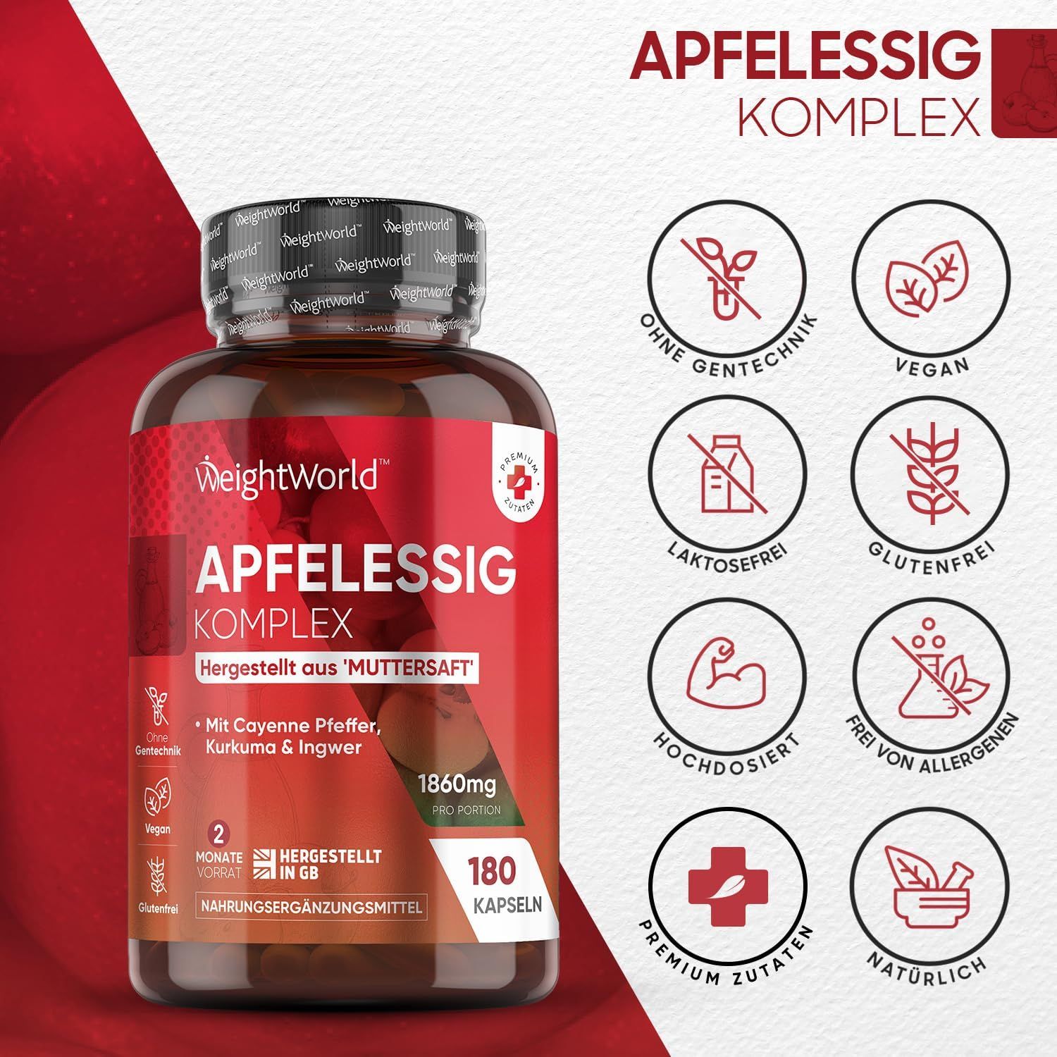 Flacone di prodotto Apfelessig Komplex. Simboli: vegano, senza OGM, senza glutine, ad alto dosaggio, naturale.