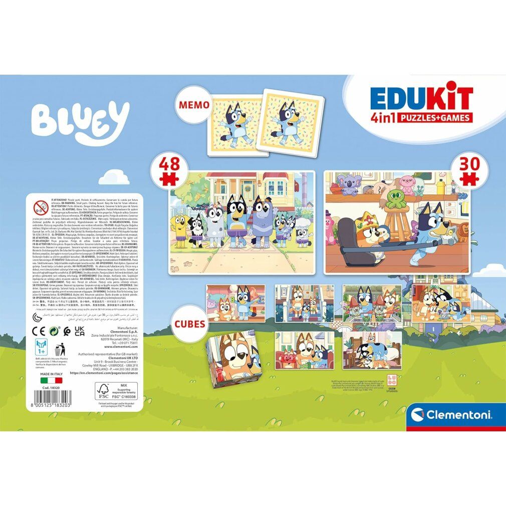Retro della confezione Clementoni Edukit 4in1. Contiene puzzle, carte memo e cubi con motivi Bluey. Contiene avvertenze e marchio CE.