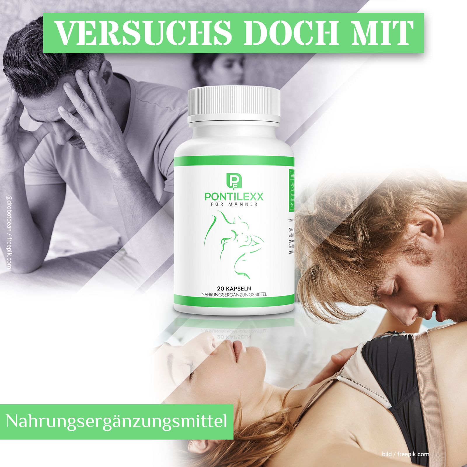 PF | Pontilexx | Integratore alimentare per uomini | 20 capsule | senza chimica. Flacone di capsule circondato da immagini che rappresentano intimità e stress.