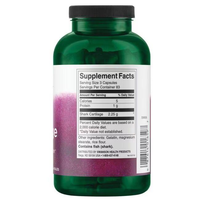 Retro del flacone verde. Etichetta con informazioni nutrizionali: "Shark Cartilage 2.25 g". Contiene pesce (squalo).