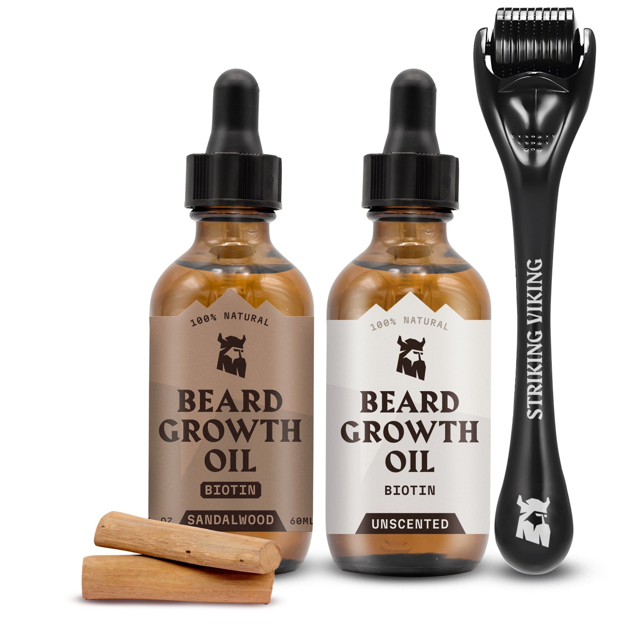 Striking Viking Olio per Crescita della Barba Sandalo & Senza Profumo + Set Derma Roller
