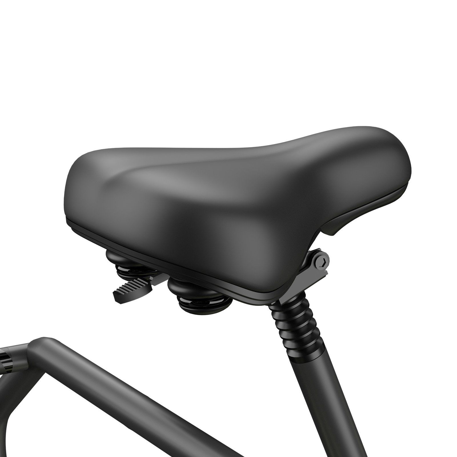 Primo piano della sella ammortizzata di una bicicletta da carico elettrica grigia.