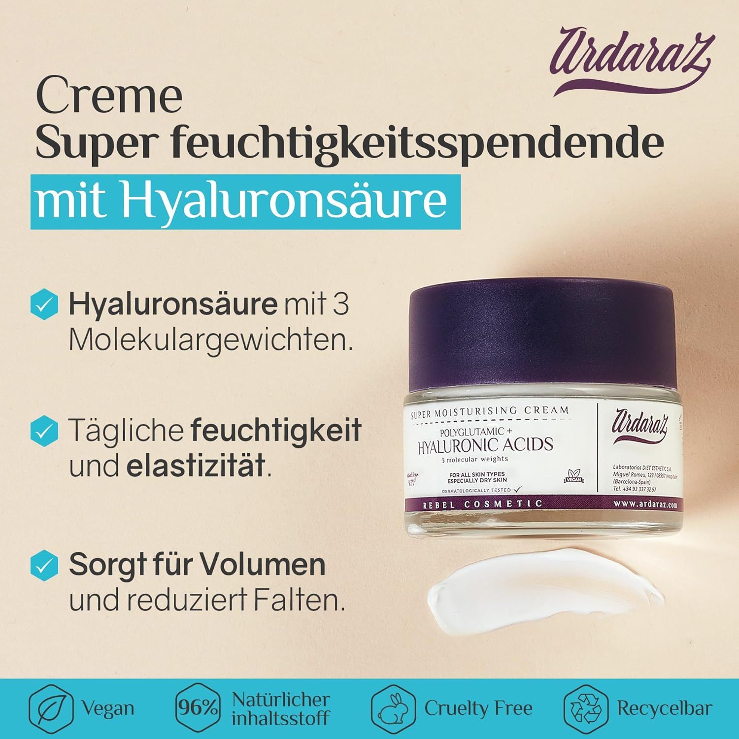 Vasetto di crema con coperchio e testo. Testo: Crema super idratante con acido ialuronico. Vegano, 96% ingredienti naturali.