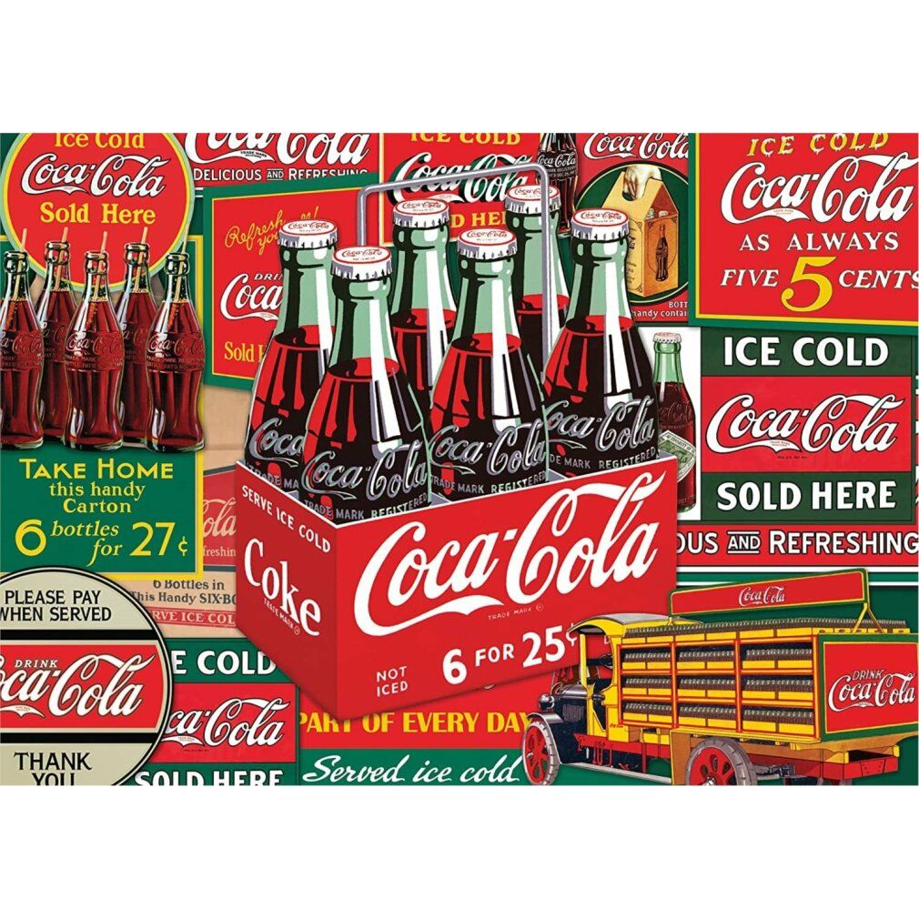 Puzzle Coca-Cola da 1000 pezzi. Confezione rossa con motivi Coca-Cola e bottiglie. Schmidt Puzzle.