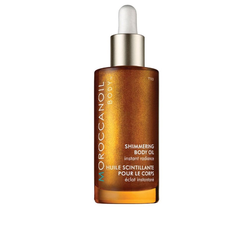 Flacone di olio Moroccanoil Body con contagocce. Liquido marrone con lucentezza. Nome del prodotto e dettagli stampati sul flacone.