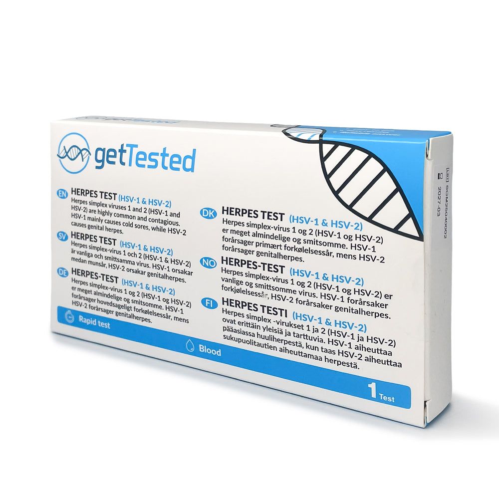 Confezione del test GetTested Herpes. Contiene informazioni sui virus herpes simplex. Contiene 1 test.