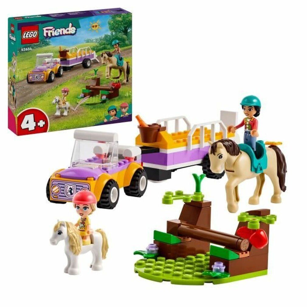 Set LEGO Friends con auto, rimorchio, cavalli, pony e personaggi. Confezione in alto a sinistra. Età consigliata: 4+