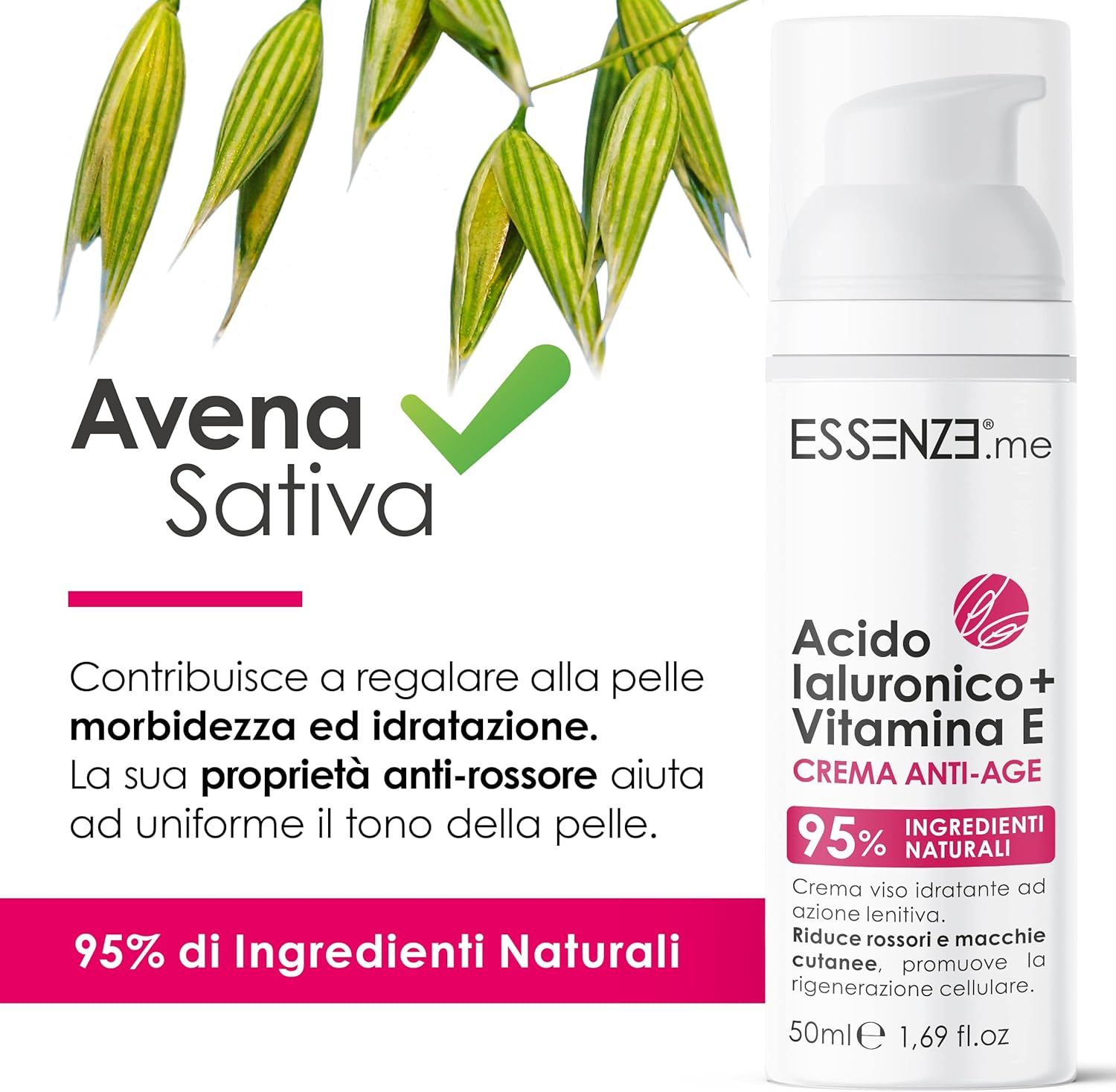 Essenze.me Crema Viso Anti-Age con Acido Ialuronico e Vitamina E - 95% Ingredienti Naturali - 50 ml