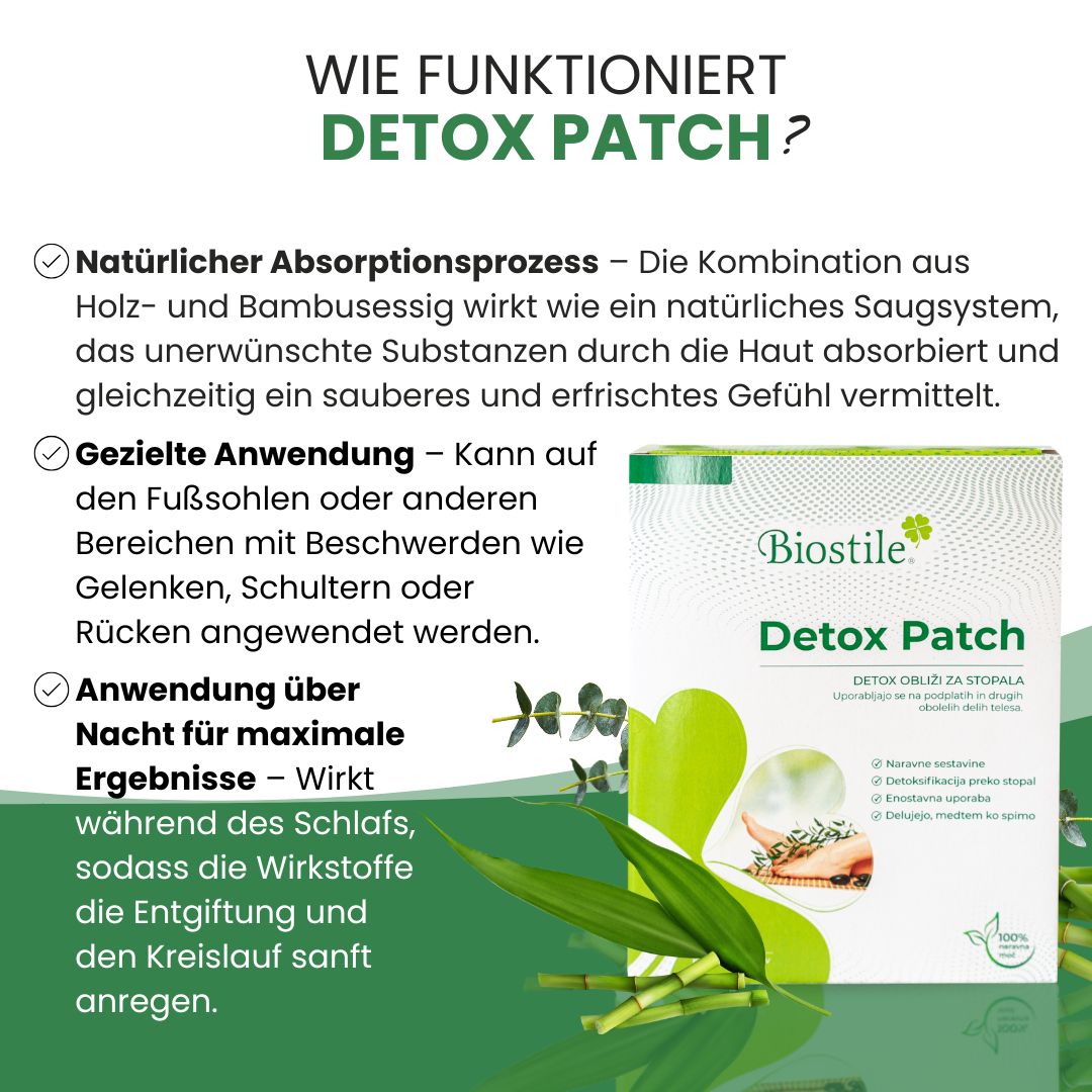 Confezione Biostile Detox Patch con bambù, testo sul processo di assorbimento naturale.