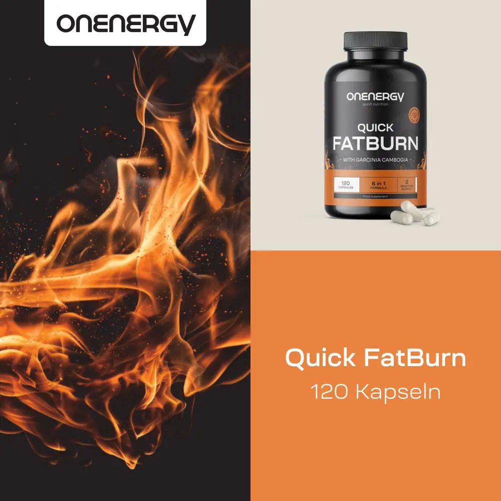 Sfondo fiamme con flacone "OnEnergy Quick FatBurn" e capsule. Testo: "120 capsule". Sfondo arancione.