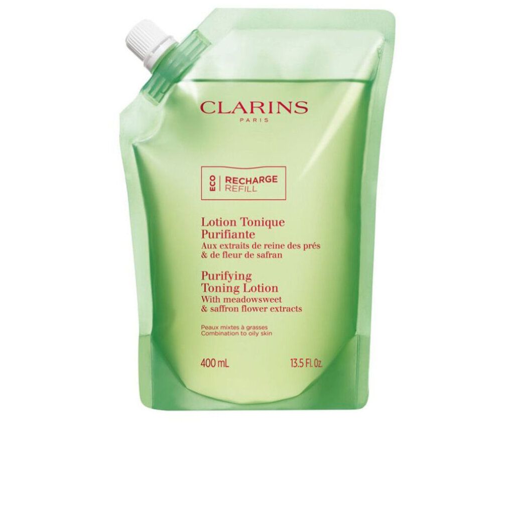 Ricarica verde con tappo bianco. Testo: Clarins, Lotion Tonique Purifiante, 400 ml, 13.5 fl.oz.