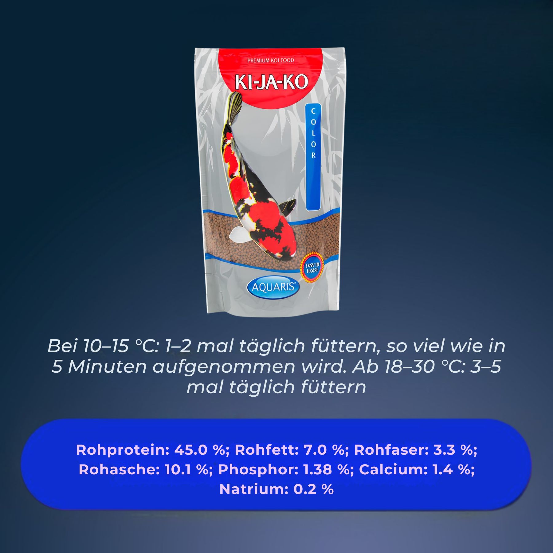 Confezione di KI-JA-KO Koifutter Color 3 mm. Testo con raccomandazioni per l'alimentazione e informazioni nutrizionali.