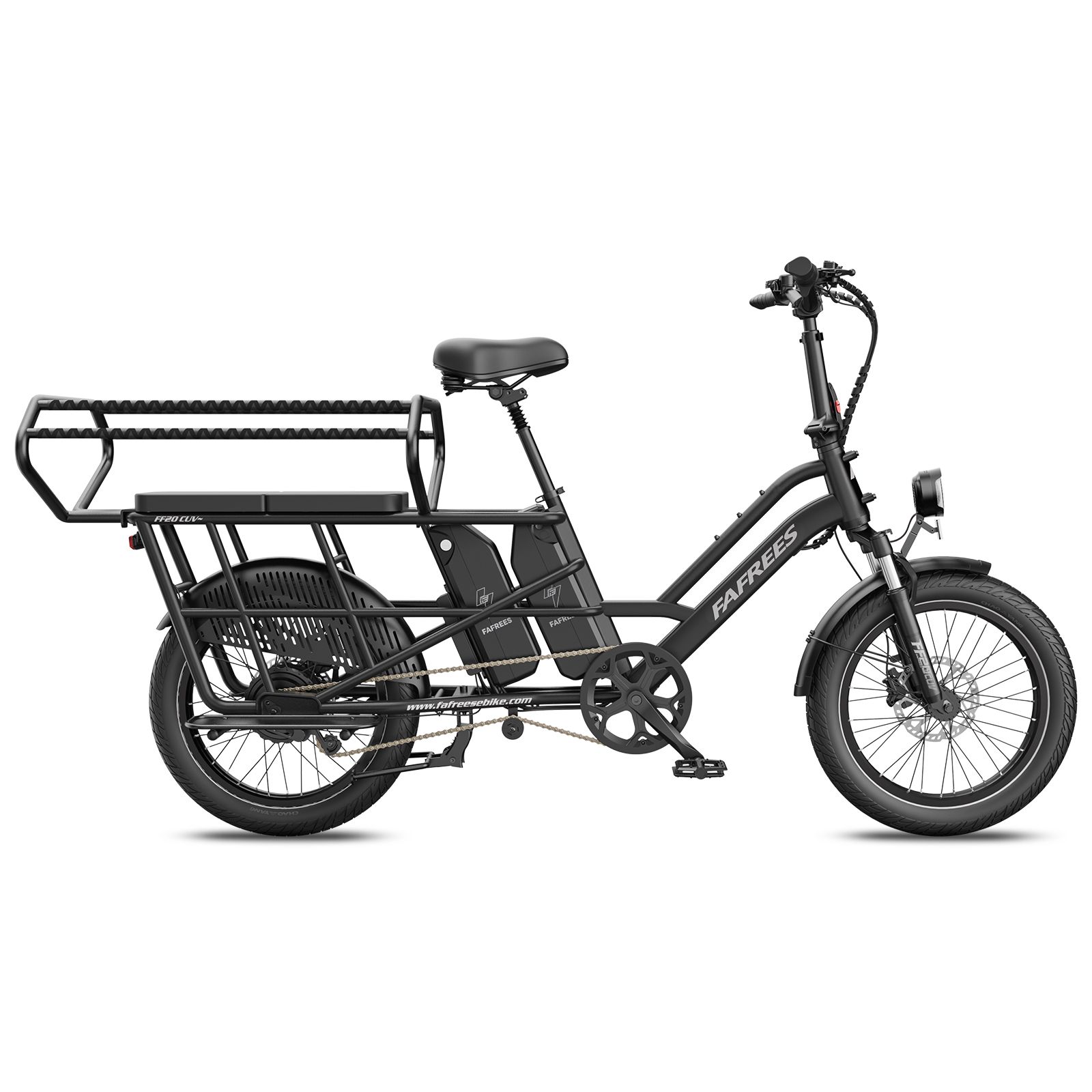 Vista laterale di una bicicletta elettrica Fafrees FF20 CUV nera con due batterie e portapacchi.