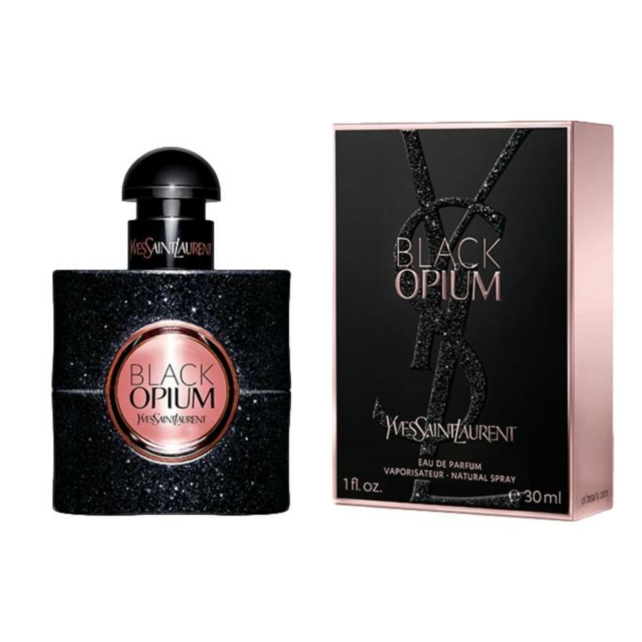 Flacone e confezione neri di Black Opium Eau De Parfum Spray. Flacone con etichetta rosa. Confezione con logo e informazioni sul prodotto.