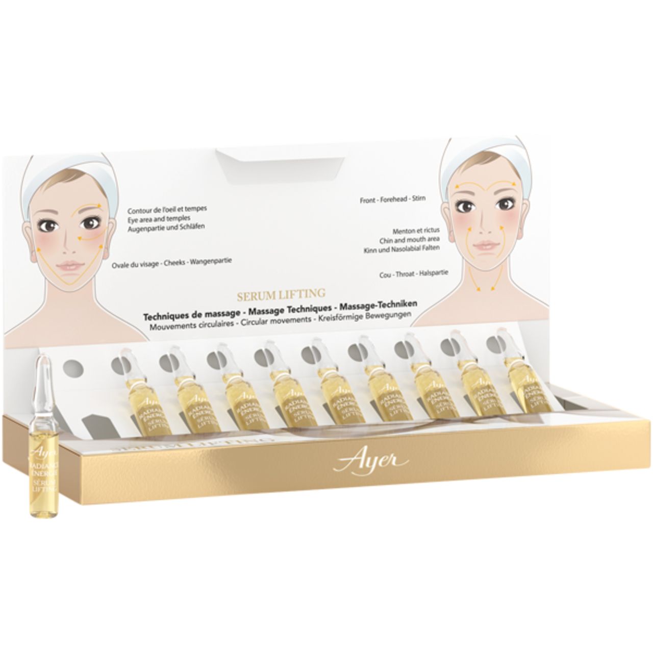 Confezione con fiale. Ayer Serum Lifting. Rappresentazione facciale con punti di massaggio. Una fiala rimossa.