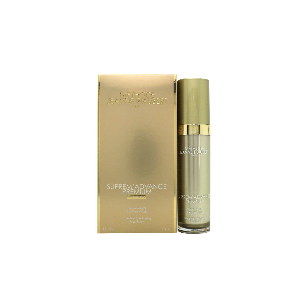 Confezione e flacone dorati 'SUPREM'ADVANCE PREMIUM'. Scritta: 'Sérum intégral anti-âge visage'. Marchio: Jeanne Piaubert.