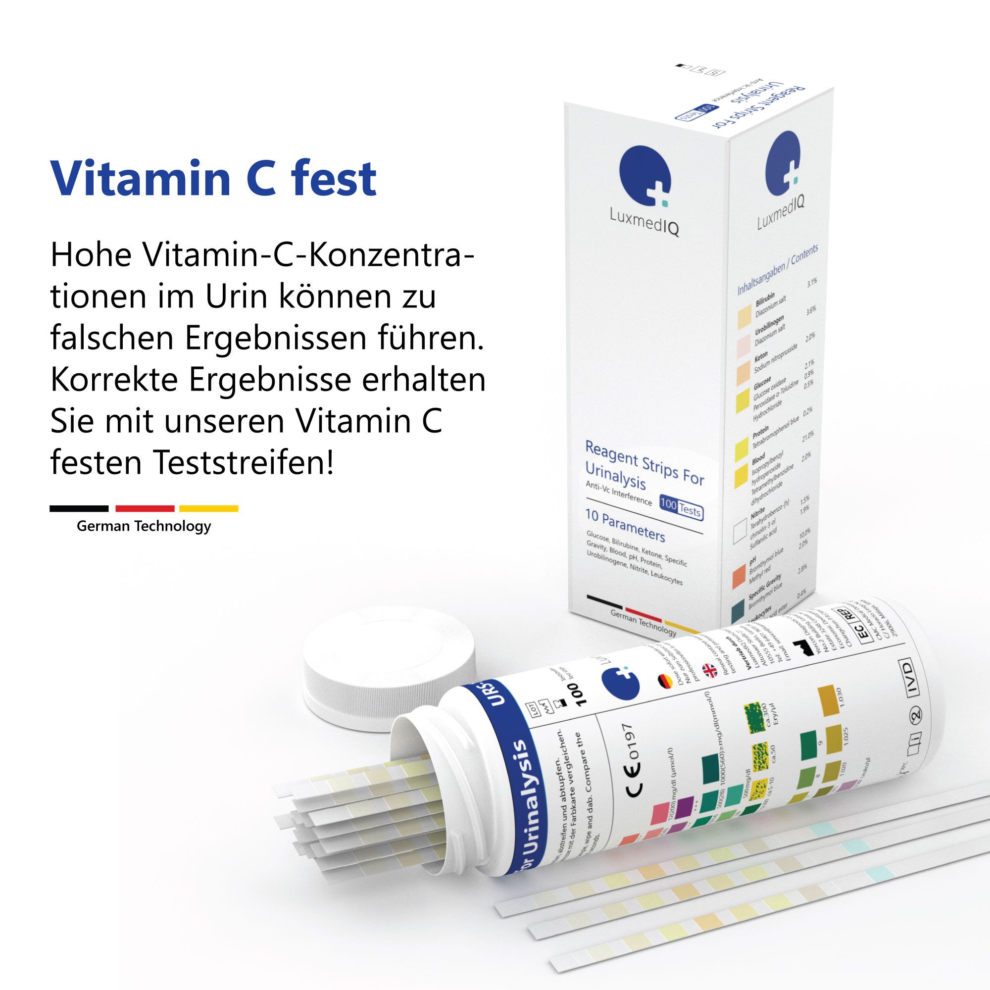 Flacone di test aperto e confezione. Scritta: Reagent Strips For Urinalysis, 10 parametri, 100 test. German Technology.