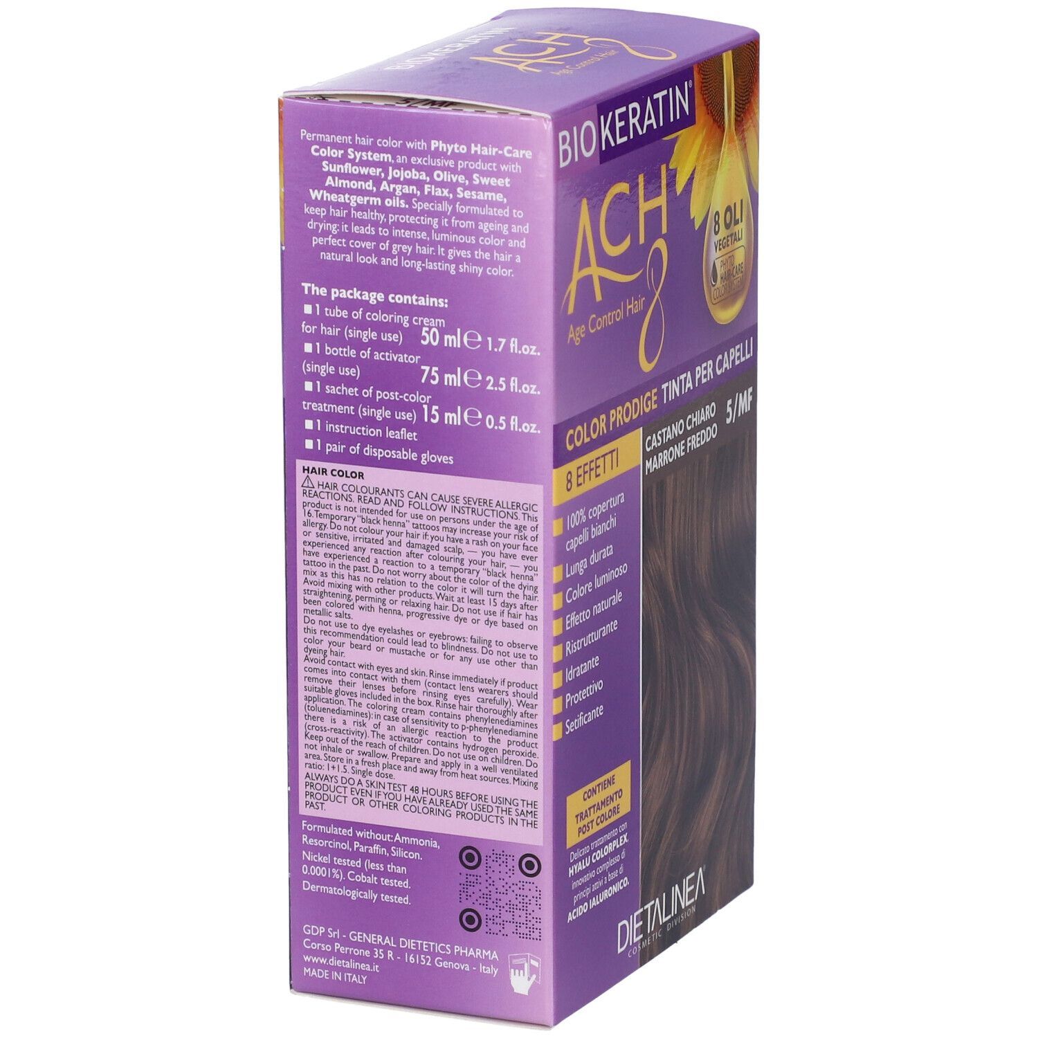 Confezione di tinta per capelli, vista laterale. Nome del prodotto e informazioni sul contenuto. Contiene: crema, attivatore, shampoo, guanti.