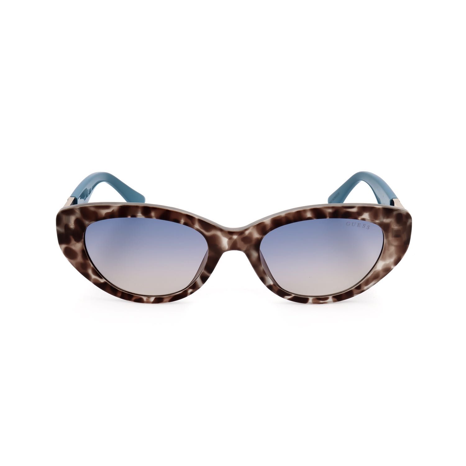 Occhiali da sole con montatura leopardata e aste blu.