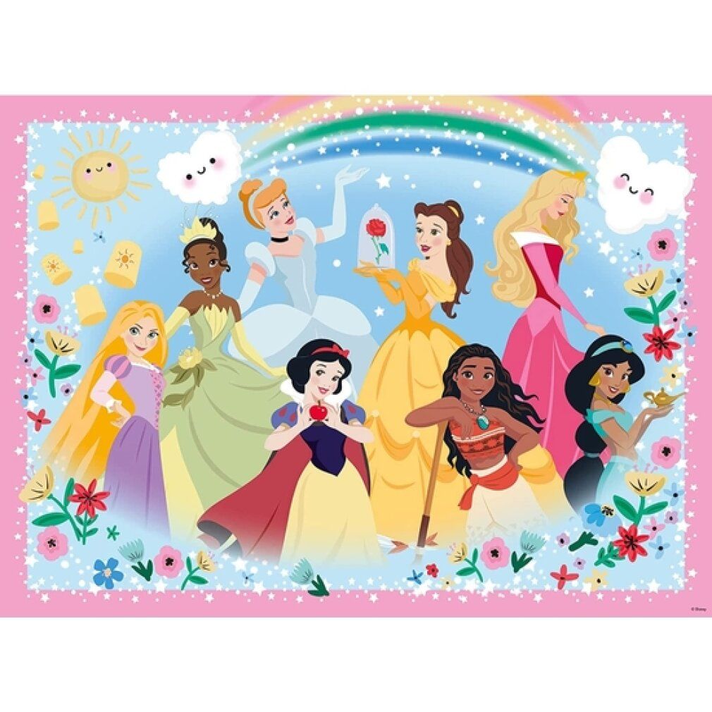 Puzzle con motivo Principesse Disney. 100 pezzi. Con glitter. Principesse su sfondo blu.