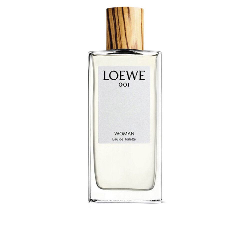 Loewe 001 Woman Eau de Toilette Spray. Flacone rettangolare con tappo in legno. Etichetta bianca con nome del prodotto. Flacone in vetro trasparente.