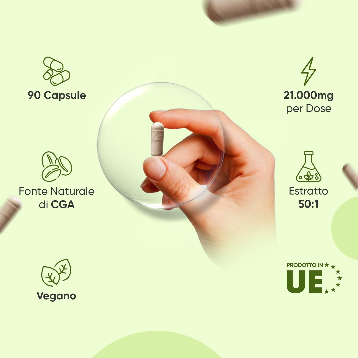 Mano che tiene una capsula. Simboli: 90 capsule, 21.000mg per dose, fonte naturale, estratto 50:1, vegano, prodotto nell'UE.