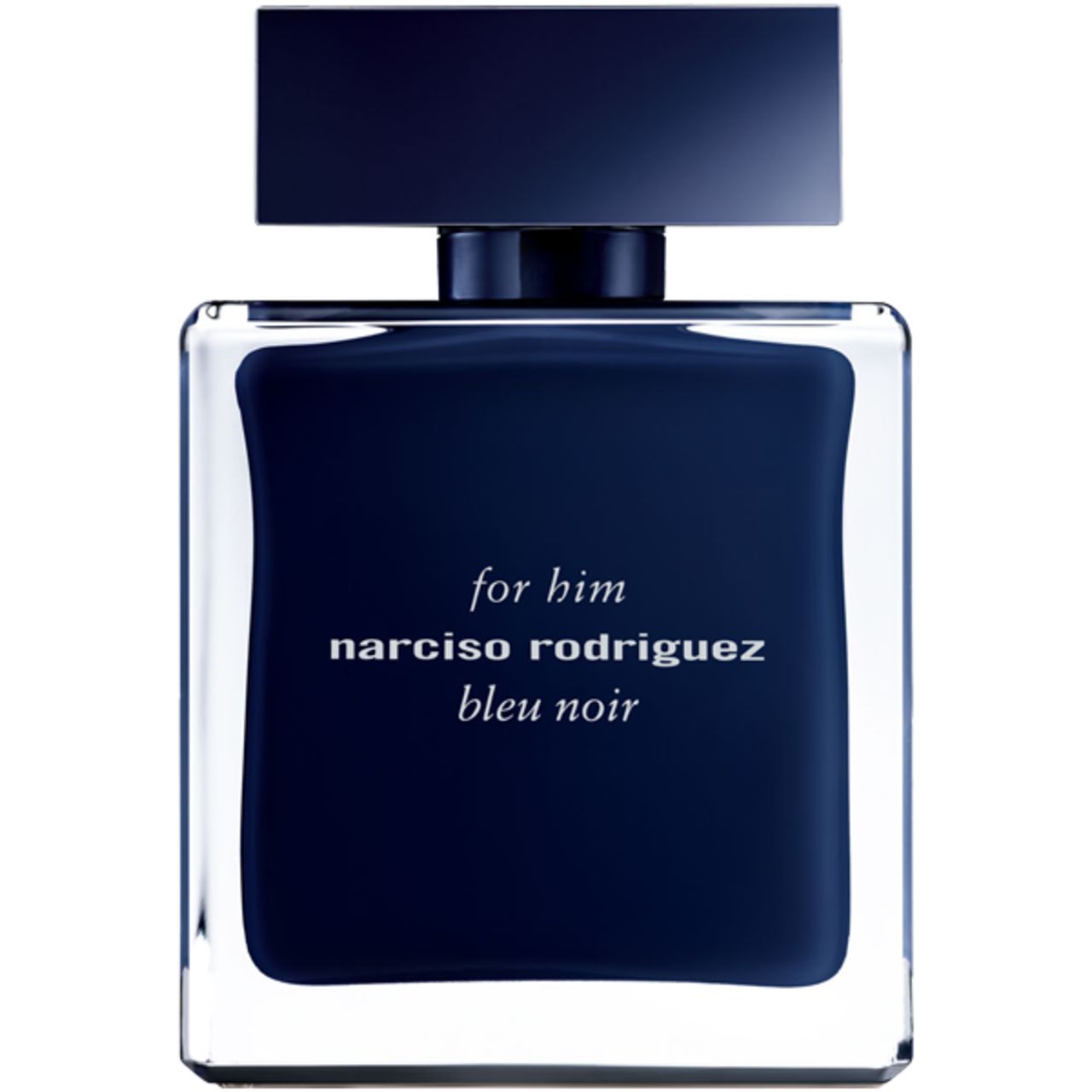 Flacone in vetro blu scuro con tappo nero. Scritta: For Him, Narciso Rodriguez, Bleu Noir.
