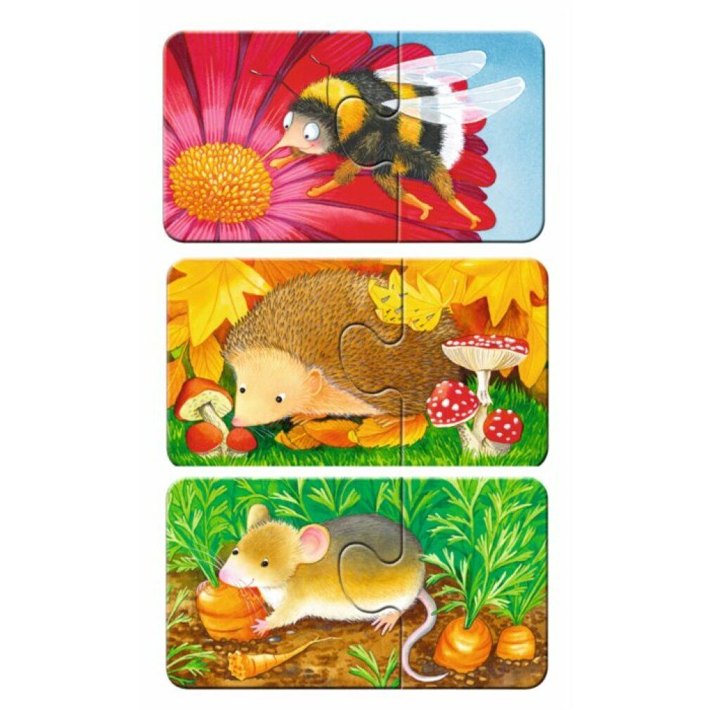 Puzzle 'Mein erstes Rätsel Haustiere im Garten'. Mostra una rana, un uccello e una coccinella.