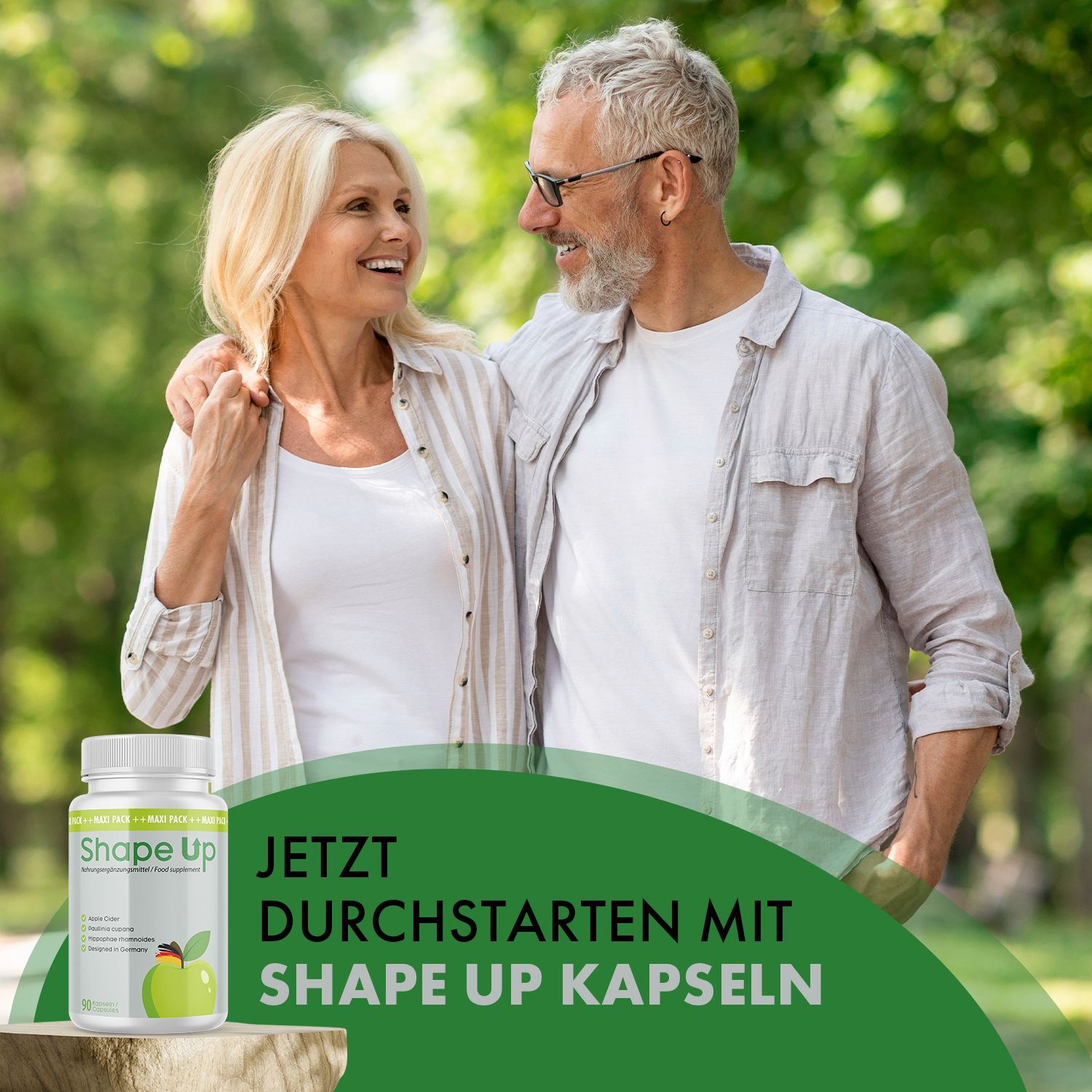 Coppia anziana nel parco, accanto a flacone "Shape Up". Testo: Inizia ora con Shape Up Capsule. Sfondo verde con grafica mela.
