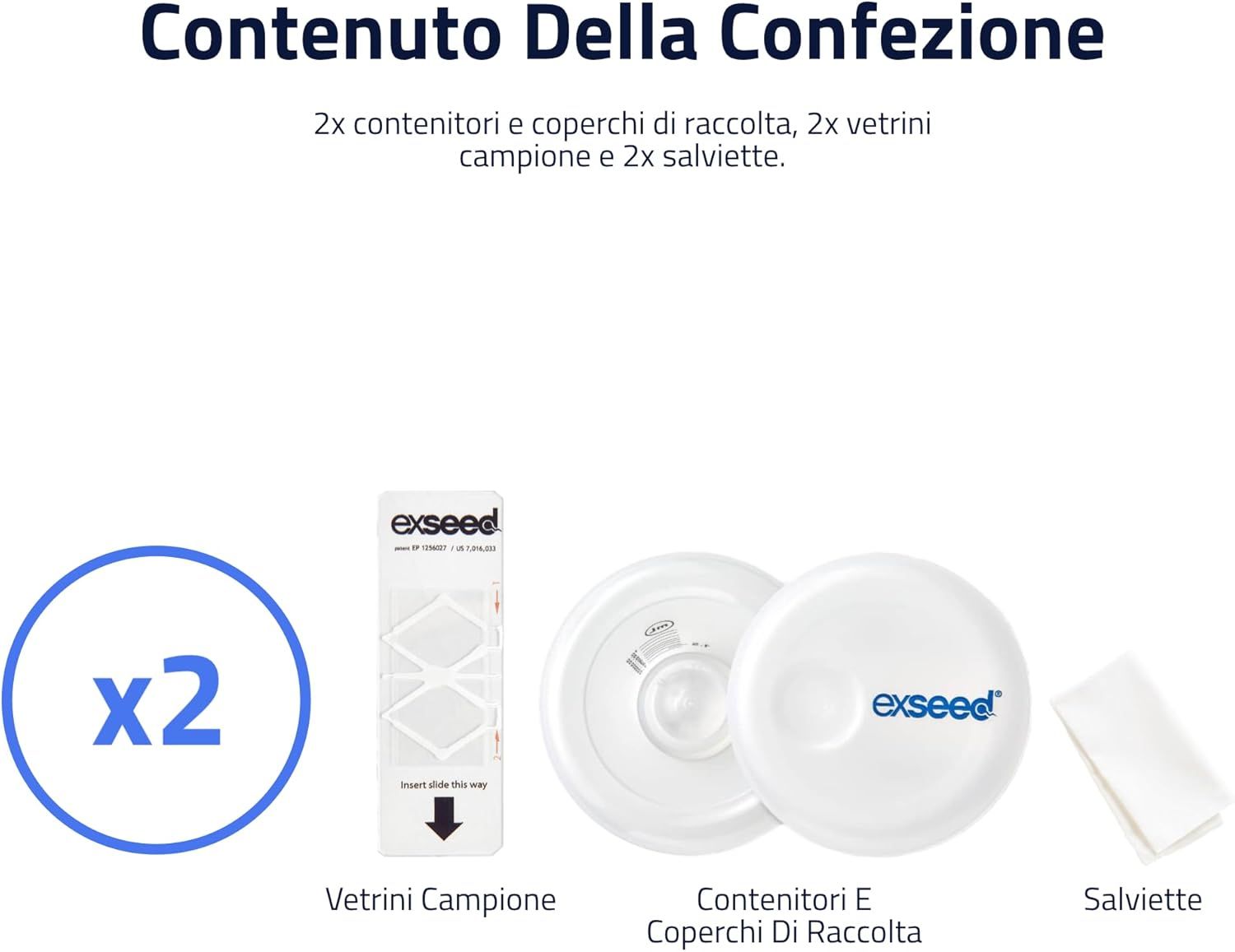 Panoramica del contenuto. Due contenitori, due coperchi, due provette, due salviette. Tutte le parti sono bianche. Testo in italiano.